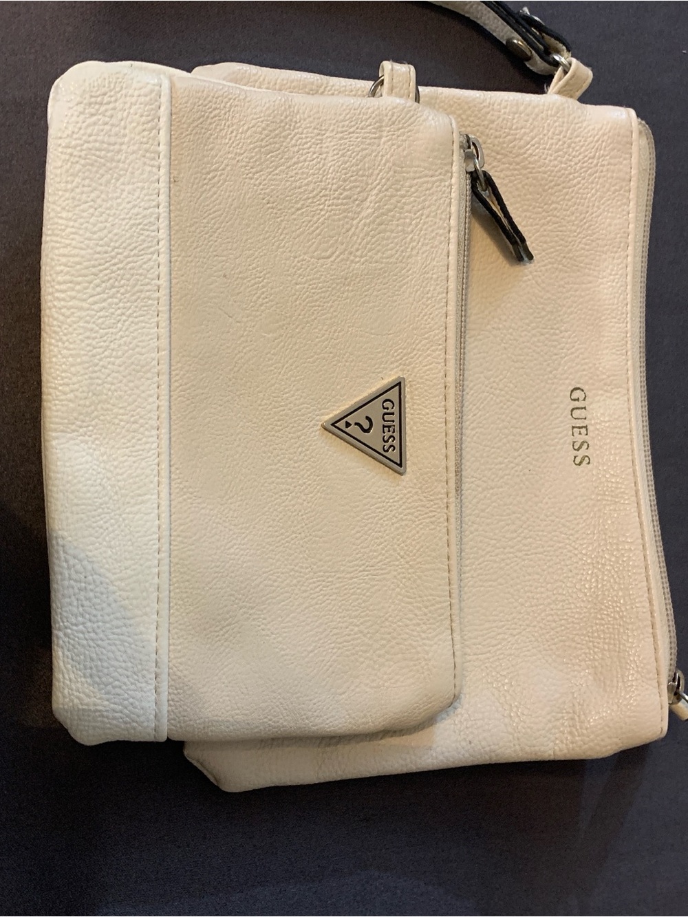 2 Guess Cream faux Leather Clutche with zipper and strap. Makeup bag money purse